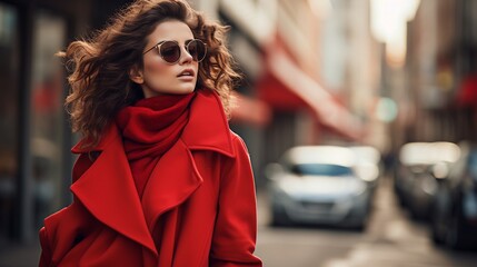 Beautiful fashion female model in red turtleneck sweater and woolen red coat outdoor on autumn winter urban street, stylish woman in city concept with copy space. - obrazy, fototapety, plakaty