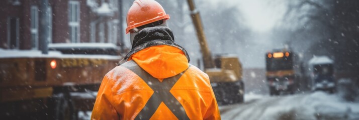 Braving Winter Elements: Hard Hat Worker with Orange Vest at Site - obrazy, fototapety, plakaty