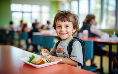 Young boy preschooler eating lunch sitting in the school cafeteria