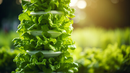 lettuce growing vertically in a hydroponic tower, illustrating the effectiveness of using nutrient-rich water for plant growth Emphasize.