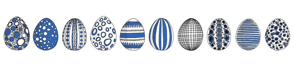 Blue set of hand-drawn illustrations of various Easter eggs with ornaments, black lines on a transparent background