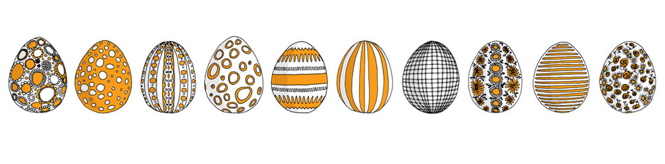 Yellow set of hand-drawn illustrations of various Easter eggs with ornaments, black lines on a transparent background
