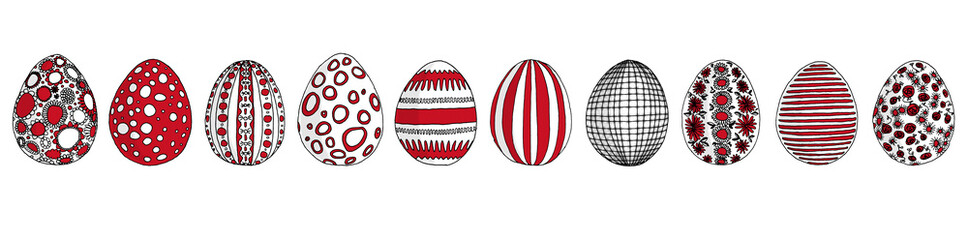 Red set of hand-drawn illustrations of various Easter eggs with ornaments, black lines on a transparent background