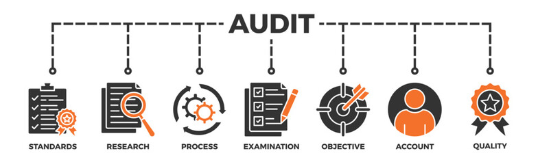 Audit banner web icon vector illustration concept with icon of standards, research, process, examination, objective, account, and quality - obrazy, fototapety, plakaty