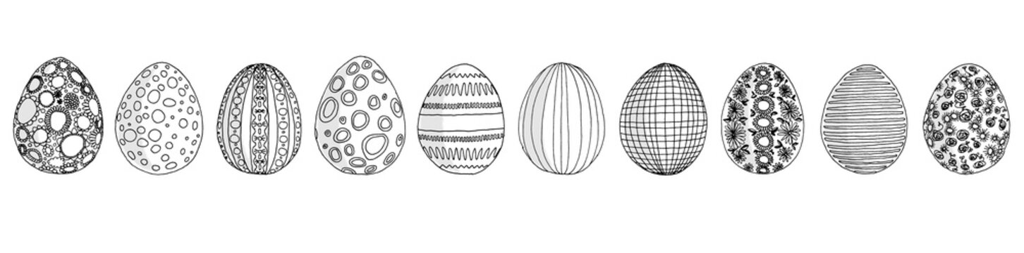 Set of hand-drawn illustrations of various Easter eggs with ornaments, black lines on a transparent background