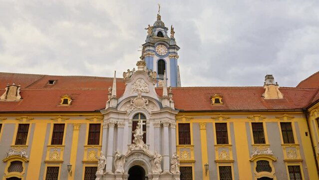 Durnstein Abbey with Stift D&uuml;rnstein bell tower in the distance in the Wachau Valley along the Danube river, Austria