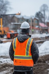 Winter Worksite Watch: Hard Hat Man in Orange Vest Facing Construction Scene