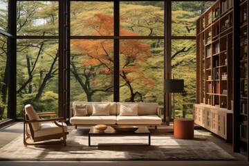 Luxury panoramic window living room mid-century modern style earthy tones design chair, bookshelf,  country home  