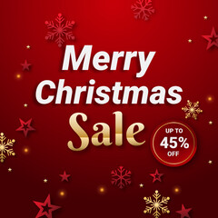Merry Christmas Promotion Poster or banner with red and golden snowflake and red and golden star with Discount up to 45% off. Shopping or Christmas Promotion in red and black style.