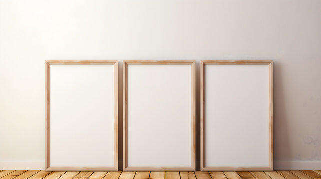Three vertical white blank wooden framed wall art mockups leaning against the wall in an empty modern room with parquet floor. Realistic lighting casting shadows on empty canvas
