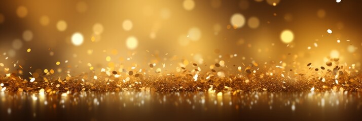 Blurred gold background with confetti and sparkles, bright colorful background, banner