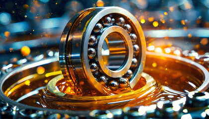 Close-up, high quality, metal ball bearing in/around swirly lubricating grease/oil, industrial machinery part.