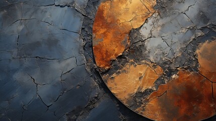 vertigo minimalism, rusted dark-blue and black, aerial view, deep depth, abstract photography, cracked earth, circular and geometric forms, 16:9 - obrazy, fototapety, plakaty