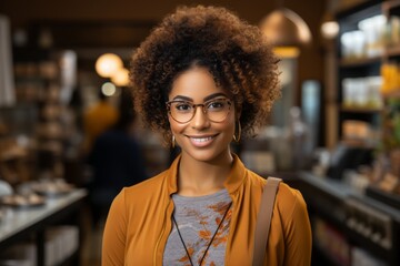 Portrait of young female salesperson in a grocery store. Beautiful African American woman using a tablet computer to check products, standing among shelves. Competent employee uses gadget for work. - obrazy, fototapety, plakaty