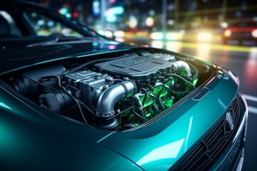 An image of an engine with green backlight in the engine compartment of a passenger car in blue color against the background of the city. Inspection of the car engine before purchase.  - Powered by Adobe
