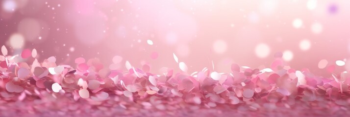 Fototapeta na wymiar Blurred pink background with confetti and sparkles, bright colorful background, banner