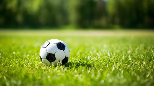 Black and white soccer ball placed on a grass field on a sunny day. Recreational leisure outdoor sports summer activities, football match
