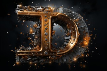 Volumetric capital letter D made of metal. Effect of metal heated for forging, with flames and smoke. Workpiece for spectacular 3D text. Mockup. Isolated on black. - obrazy, fototapety, plakaty