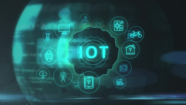 internet of things animation video. Modern futurisic icons flying around symbol shortcut iot. Artificial intelligence take care of your home devices