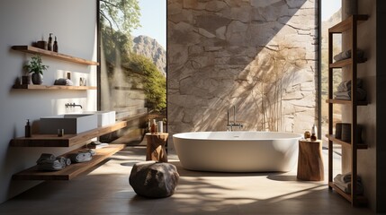The interior of a modern minimalist bathroom in a luxurious cottage , apartment , house , villa .  - obrazy, fototapety, plakaty