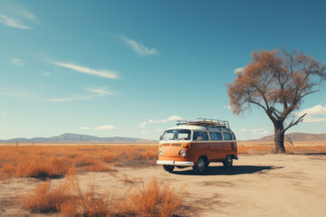 A colorful retro van drives off along a deserted dirt road towards the distant mountains on the horizon. The concept of romantic travel, summer vacations, family vacations, car tourism - Powered by Adobe