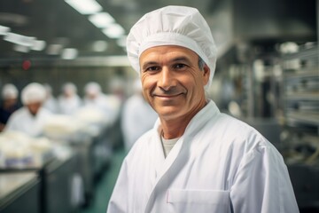 Food industry, man in white coat and safety cap on the background of blurred food production...