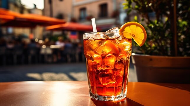 Generative AI, glass of Aperol Spritz on wooden table with blur background with lights of street bar, cafe or restaurant