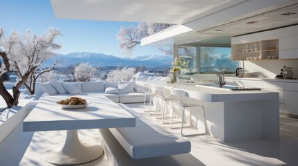 A perfectly white , elegant , modern kitchen , built-in appliances , a large white corner sofa with lots of pillows , glass walls overlooking the winter landscape , an open ceiling