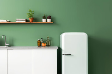 Fragment of modern minimalist kitchen with green wall and white retro refrigerator. Grey countertop...