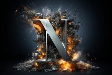Volumetric capital letter N made of metal. Effect of metal heated for forging, with flames, sparks and smoke. Workpiece for spectacular 3D text. Mockup. Isolated on black.
