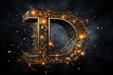 Volumetric capital letter D made of metal. Effect of compressed scrap metal, wheels, gears, parts, wire. Workpiece for spectacular 3D text. Mockup. Isolated on black. - obrazy, fototapety, plakaty