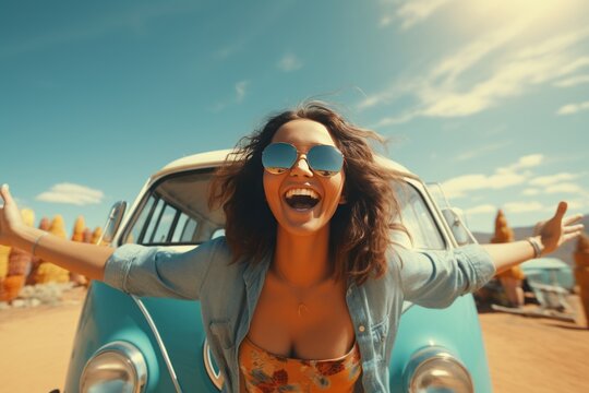 A beautiful smiling girl dressed in hippie style, against the background of a blue retro van.