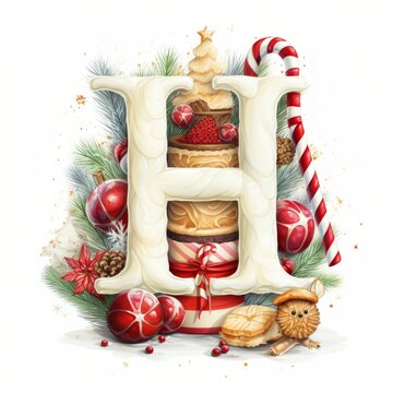 Volumetric capital letter H, decorated in a festive Christmas and New Year style. Christmas tree decorations, balls, pine cones, tinsel. Mockup for Christmas banner or background. Isolated on white.