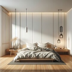 Bedroom japanese minimal style.,Modern white wall and wooden floor, room minimalist. 3D rendering