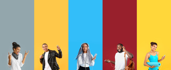 Collage of young African-American people on color background