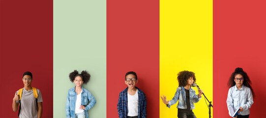 Collage of cute African-American children on color background