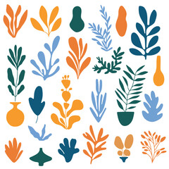 Abstract organic shapes set in matisse style. Branches, leaves and pots isolated on white background. Color vector illustration. 