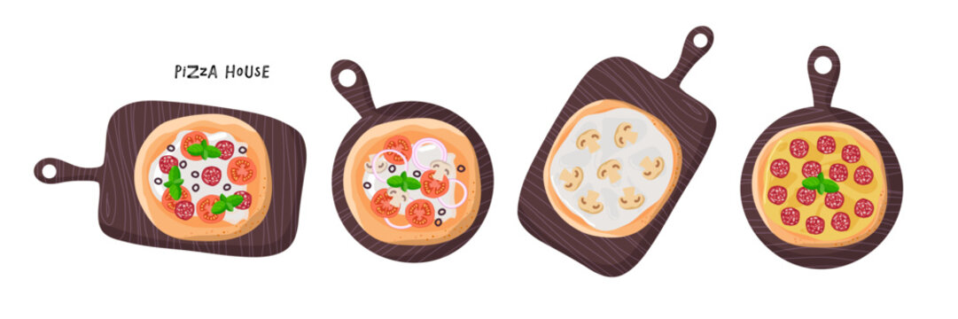 Pizza House. Different pizzas on serving boards. Pizza options according to different recipes. Cartoon vector illustration. Traditional italian dishes. Different Pizza Types on Wooden Board Top View.