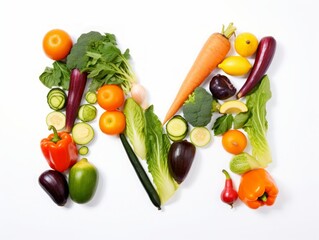 The Letter M Crafted from an Array of Fresh Vegetables, Showcasing Vibrant Nutrition and Wholesome Dietary Diversity