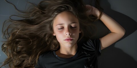 A tired, exhausted 10-year-old girl in black shirt on black bed about to fall asleep. generative AI