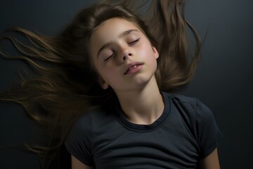 Fototapeta premium A tired, exhausted 10-year-old girl in black shirt on black bed about to fall asleep. generative AI