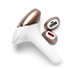 Modern photoepilator with attachments on white background