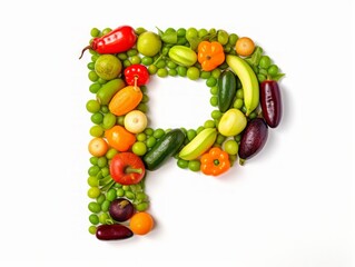 The Letter P Crafted from an Array of Fresh Vegetables, Showcasing Vibrant Nutrition and Wholesome Dietary Diversity