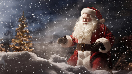 Santa Claus having fun in the snow. Christmas and New Year concept.