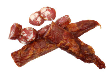 Traditional homemade Dalmatian sausage with rosemary, slice isolated on white, clipping