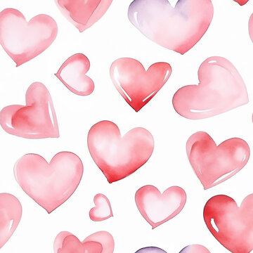 Seamless background, tile with hand drawn pink watercolor hearts on white background.