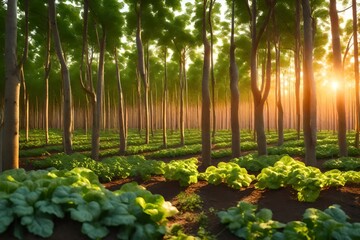 vegetable forest with vegetables hanging with a sunset light