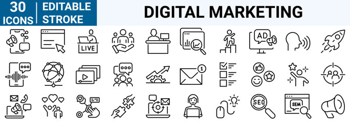 set of 30 line web icons Digital marketing. Containing seo, content, website, social media. Editable stroke.