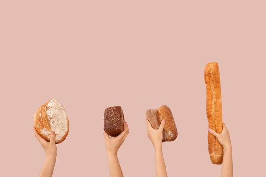 Female hands holding loaves of different fresh bread on pink background