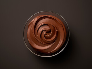 Bowl of hazelnut cream, chocolate paste swirl on black background